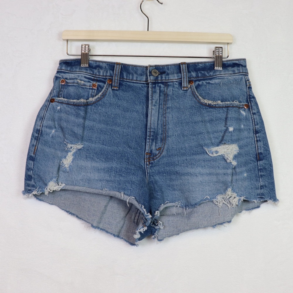 ABERCROMBIE & FITCH Blue Curve Love Mid Rise Distressed Denim Shorts 29 8